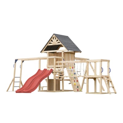 Aire de jeux en bois avec 2 balançoires - toboggan double rouge