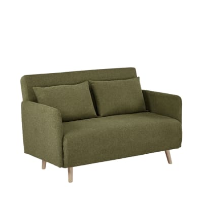 Canapé convertible 2 places en tissu pieds bois clair - vert olive