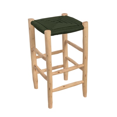 Tabouret haut vert en bois d'eucalyptus et corde