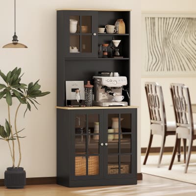 Buffet haut 3 portes vitrine verre 2 niches noir aspect chêne clair