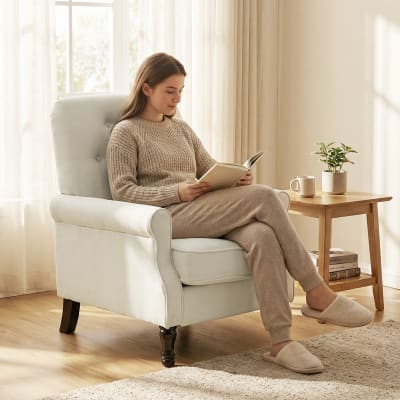 Fauteuil de salon assise rembourrée tissu en lin crème