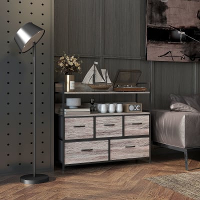 Commode de rangement 5 tiroirs en tissu et acier effet bois gris