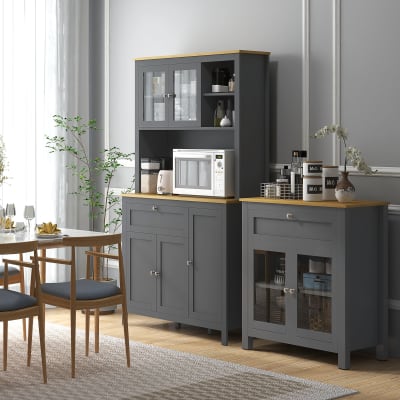 Armoire de cuisine avec 3 placards et portes vitrées en bois gris