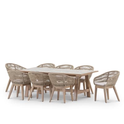Set table et 8 chaises corde en bois et ceramique 205x105