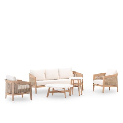 Salon de jardin 5 places en bois avec 2 tables en terrazzo