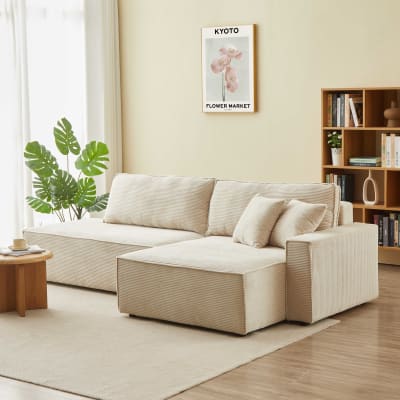 Canapé d'angle droit convertible en velours côtelé 4 places beige