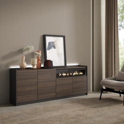 Buffet effet bois de chêne et noir 207x37x80cm cheminée effet feu