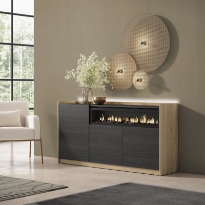 Buffet effet bois noir et chêne 156x37x80cm cheminée effet feu