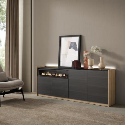 Buffet effet bois noir et chêne 207x37x80cm cheminée effet feu