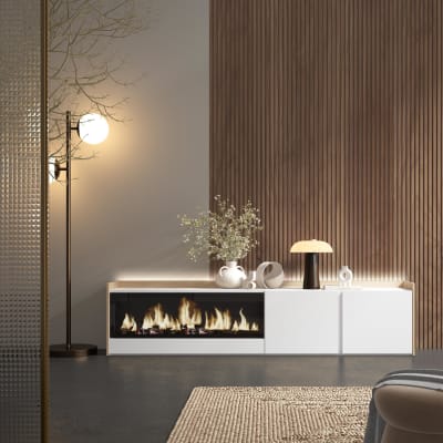 Meuble tv effet bois blanc et chêne 212x35x50cm cheminée effet feu xxl