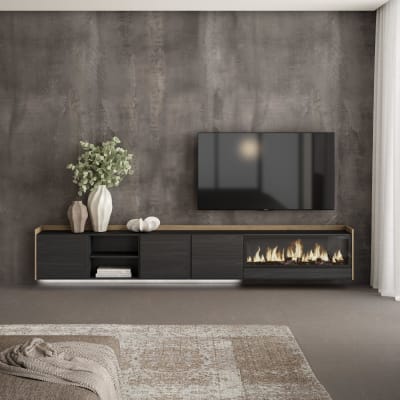 Meuble tv effet bois noir et chêne 315x35x50cm cheminée effet feu xxl