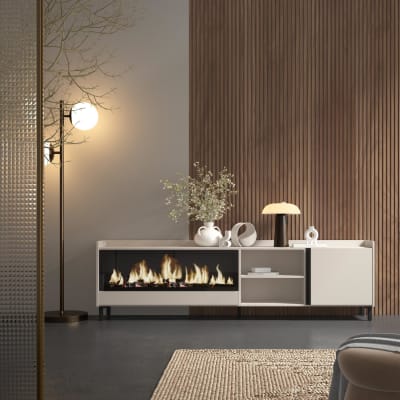 Meuble tv effet bois beige 212x35x61cm cheminée effet feu xxl