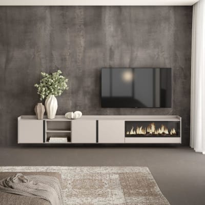 Meuble tv effet bois beige 315x35x50cm cheminée effet feu xxl