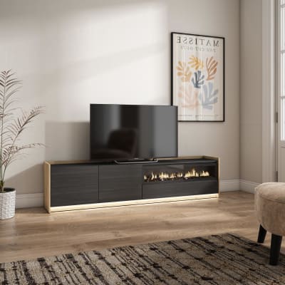 Meuble tv effet bois noir et chêne 207x37x50cm cheminée effet feu