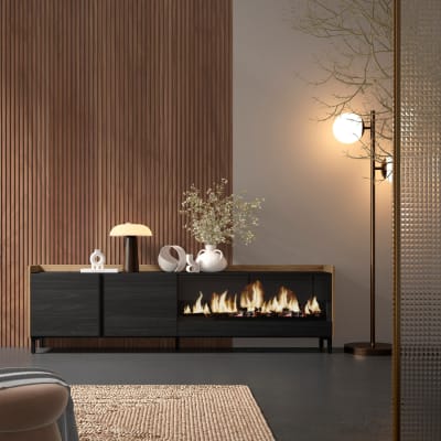 Meuble tv effet bois noir et chêne 212x35x61cm cheminée effet feu xxl