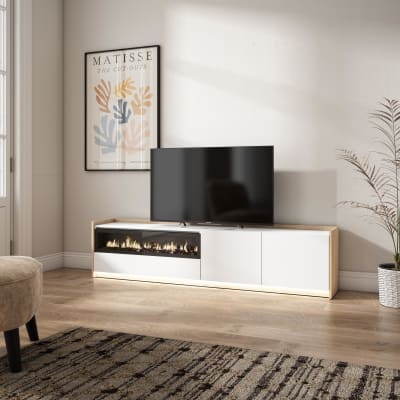 Meuble tv effet bois blanc et chêne 207x37x50cm cheminée effet feu