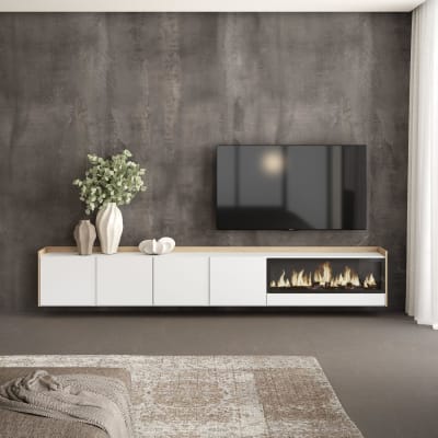 Meuble tv effet bois blanc et chêne 315x35x50cm cheminée effet feu xxl