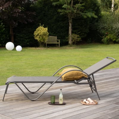 Bain soleil en aluminium et textilène gris réglable 195x67x92 cm