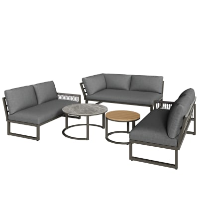 Salon de jardin d’angle 7 places en fer avec tables gris