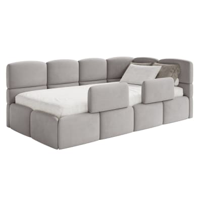 Lit enfant 90x200, barrière, tête de lit à droite, velours gris clair