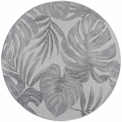 Tapis extérieur rond à motifs plantes gris 160cm