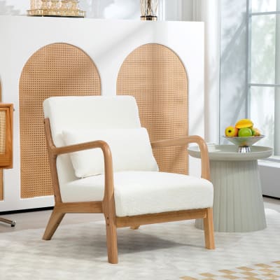 Fauteuil lounge 3 coussins bois hévéa effet laine bouclée blanc