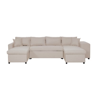 Canapé d'angle panoramique avec poufs en tissu - beige