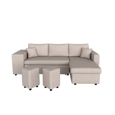 Canapé d'angle convertible avec coffre et poufs en tissu - beige