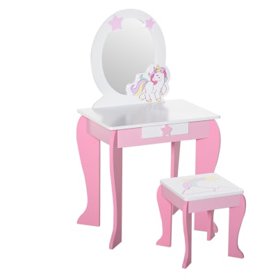 Coiffeuse enfant et tabouret design licorne tiroir miroir rose blanc