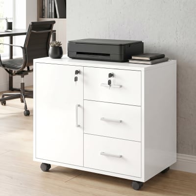 Caisson bureau verrouillable avec roulettes métal blanc