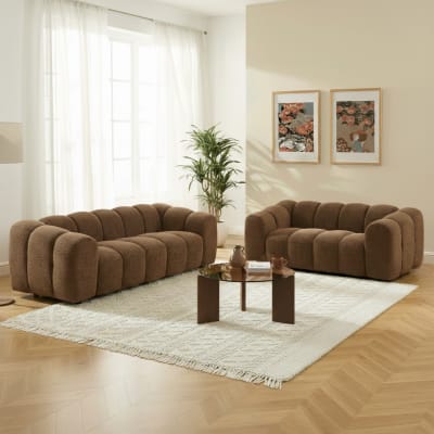 Ensemble canapés droits fixes 3+2 tissu tweed marron