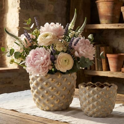 Vases en céramique beige, lot de deux pièces, Ø 23x18 - 18,5x15,5 cm