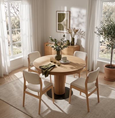 Table à manger ronde ø120, rallonge 40 cm, chêne massif, finition mate