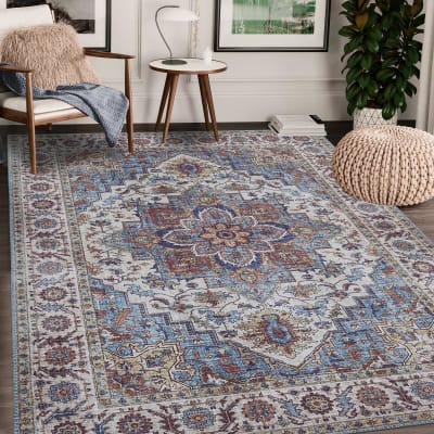 Tapis salon motif oriental doux et soyeux, bleu 160x230
