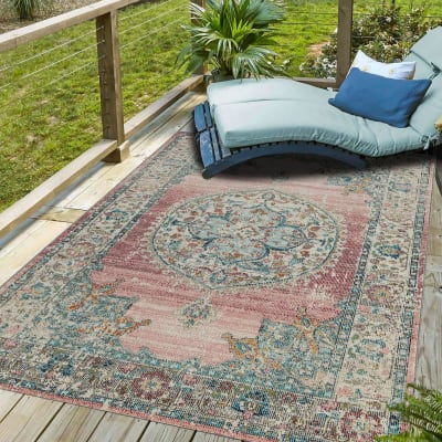 Tapis extérieur kilim pour terrasse et jardin bleu et ros 160x230