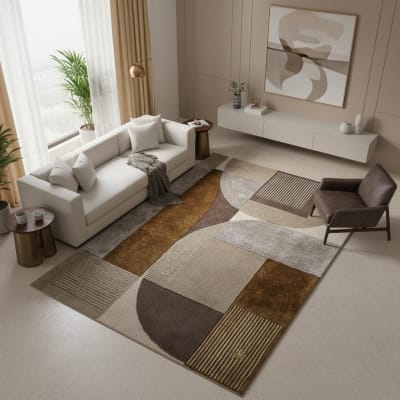 Tapis salon 160 x 230 cm, laine authentique, motif géométrique, beige