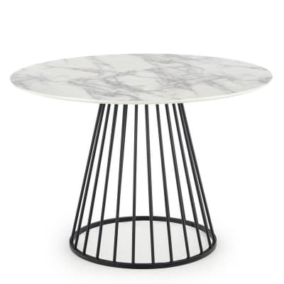 Table ronde avec plateau aspect marbre blanc et pied en acier noir