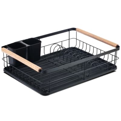 Égouttoir à vaisselle noir et bois avec porte-couverts