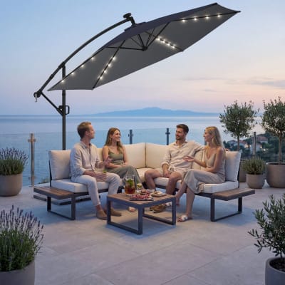 Parasol à pied croisé 3 x 3 m, parasol déporté pivotant à 360°