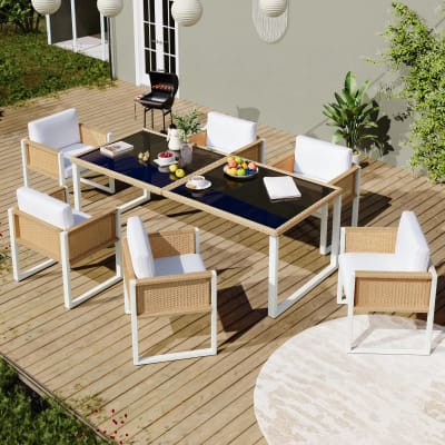Salon de jardin avec 6 places en résine tressée marron