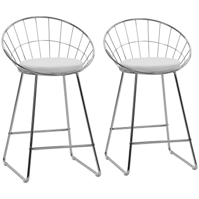 Lot de 2 tabourets de bar 65cm en métal chromé et coussin blanc