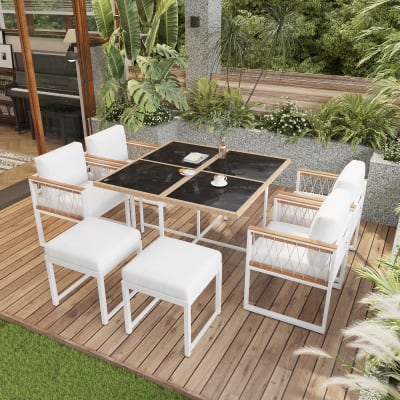 Ensemble table avec chaises et poufs d'extérieur en métal blanc
