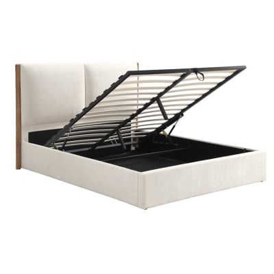 Lit double en tissu beige et bois avec coffre 140x190 cm