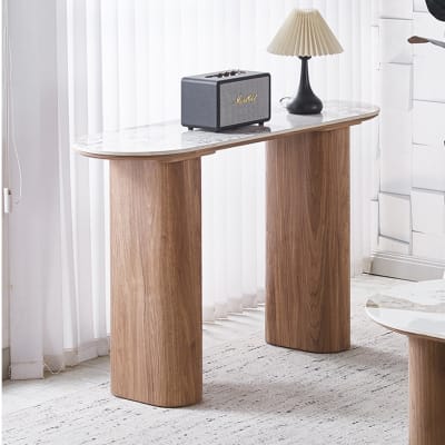 Console en pierre frittée blanc pieds couleur bois clair 120 cm