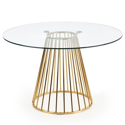 Table de salle à manger ronde en verre et pied central en acier doré