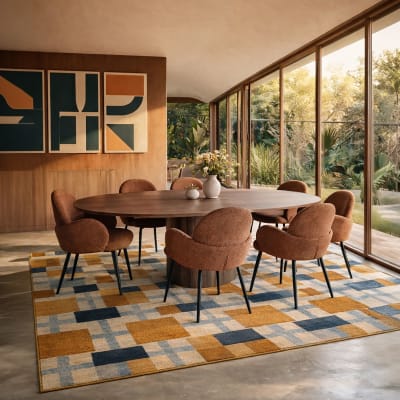 Ensemble table extensible ovale et 6 fauteuils en tissu terracotta