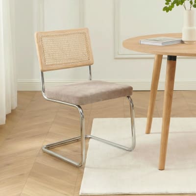 Lot de 2 chaises cannage et tissu marron pieds métal chromé