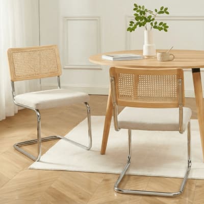 Lot de 2 chaises cannage et tissu écru pieds métal chromé