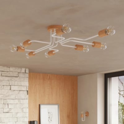 Suspension blanche et bois à 8 bras irréguliers