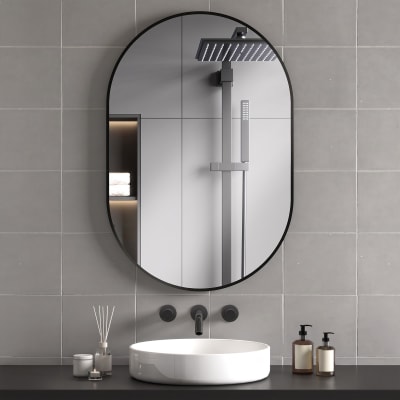 Miroir mural ovale 60x90cm alliage d'aluminium verre trempé noir